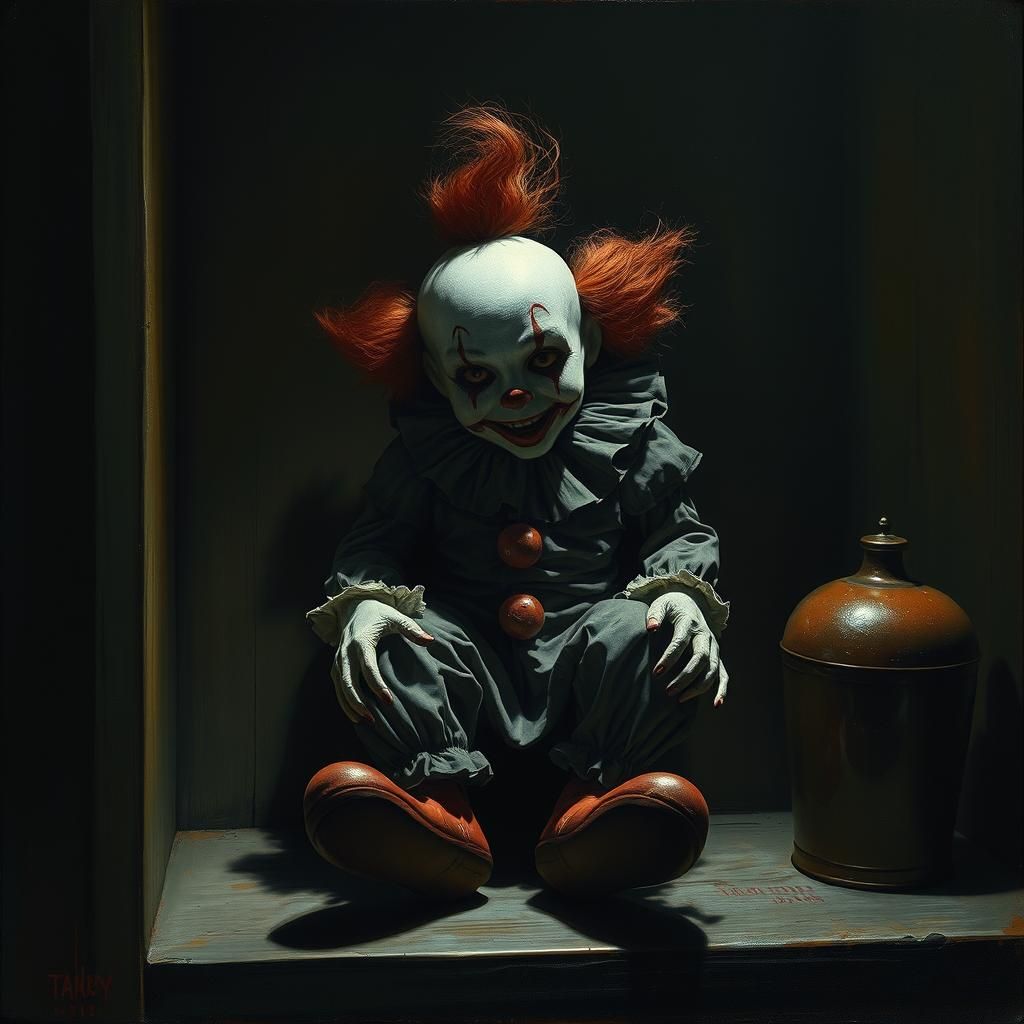 Ominous Clown Doll in a Dark Horror Scene