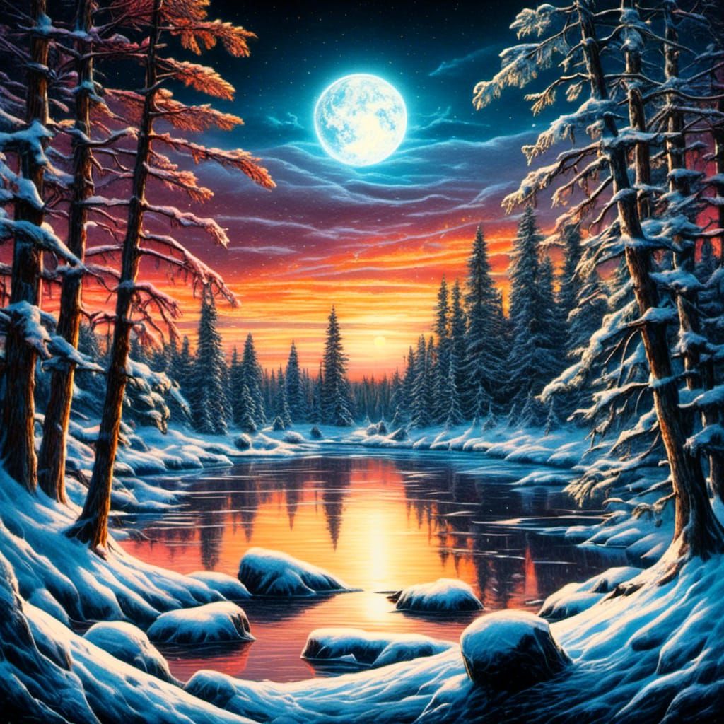 Winter Lake Bonfire Scene in Colored Pencil Style