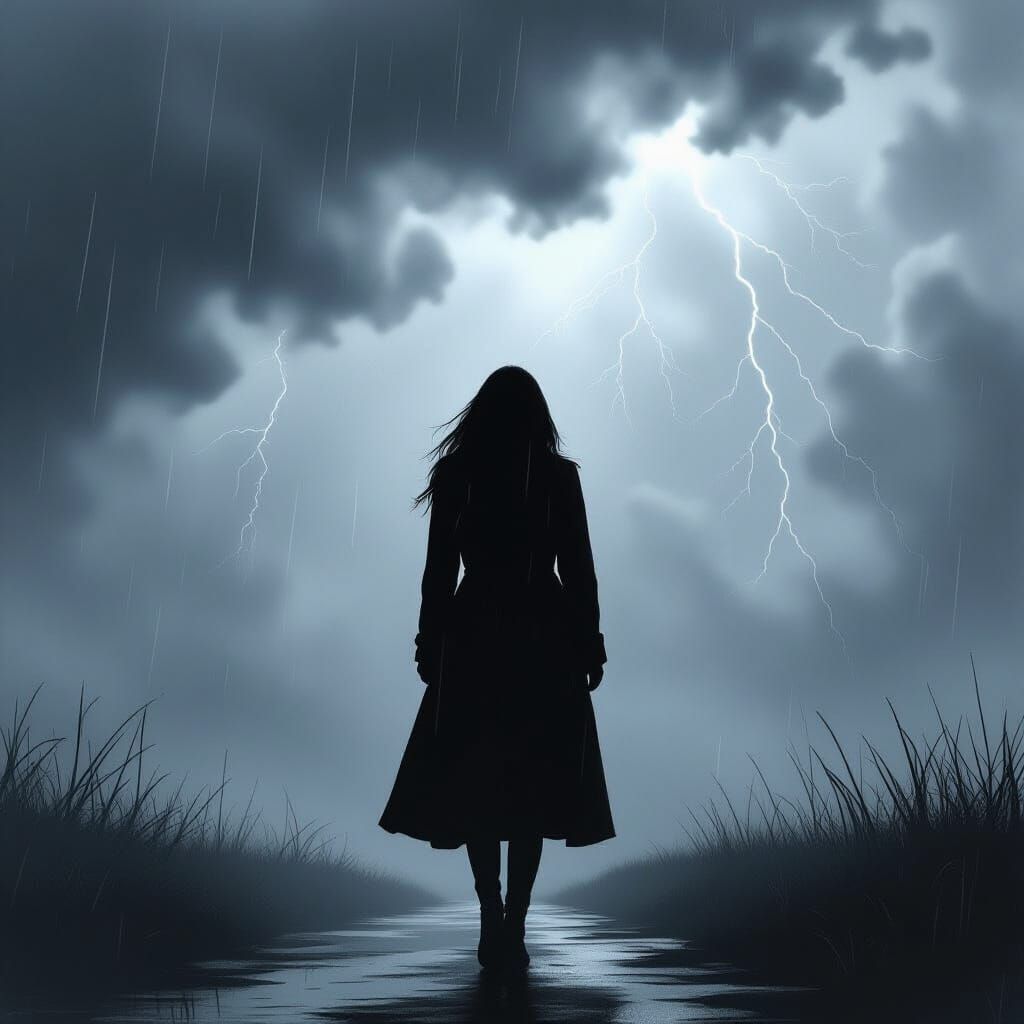 Monochrome Woman in Storm, Dramatic Lighting