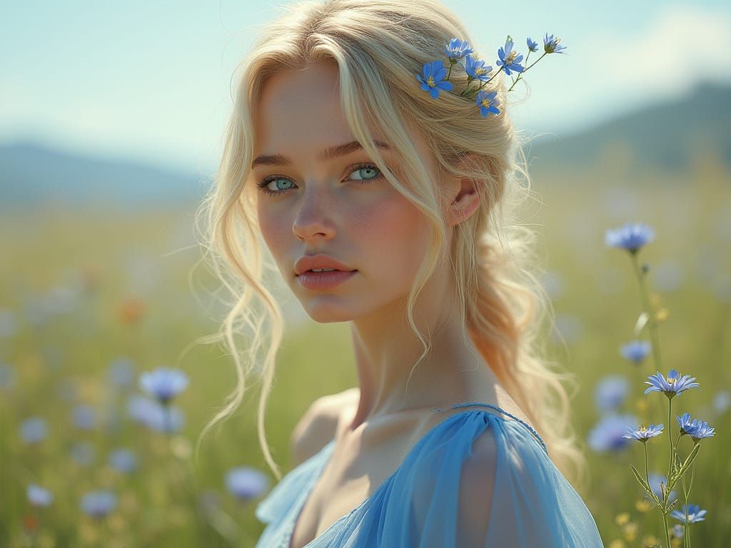 Ethereal Blonde Woman in Blue Dress, Hyperdetailed Portrait