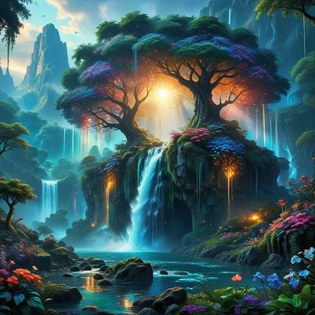 Epic Shimmering Waterfall in a Fantastical Floral Paradise