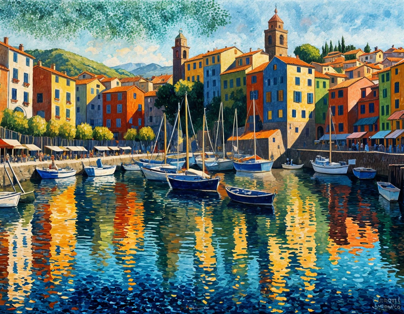 Collioure Harbor in Pointillist Abstract Art