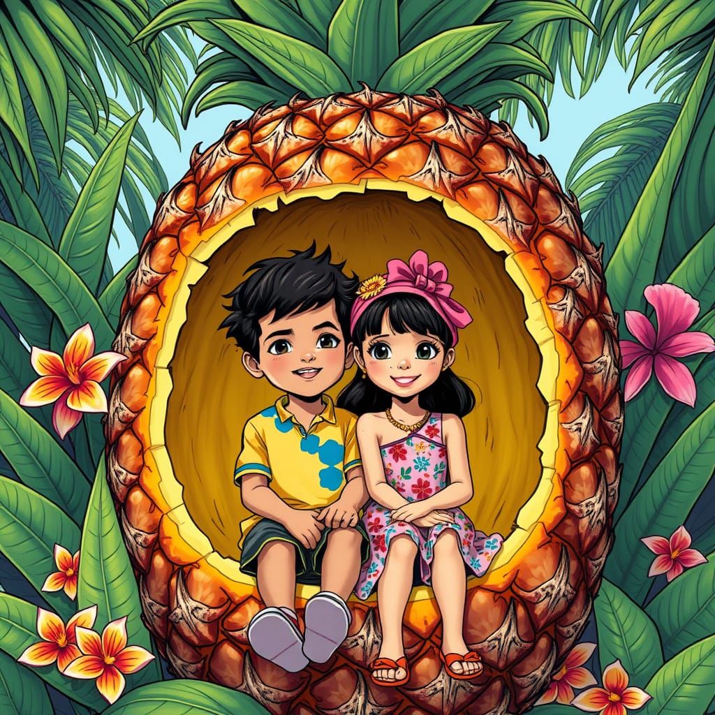 Kids in Pineapple, Comic Book Style Illustration