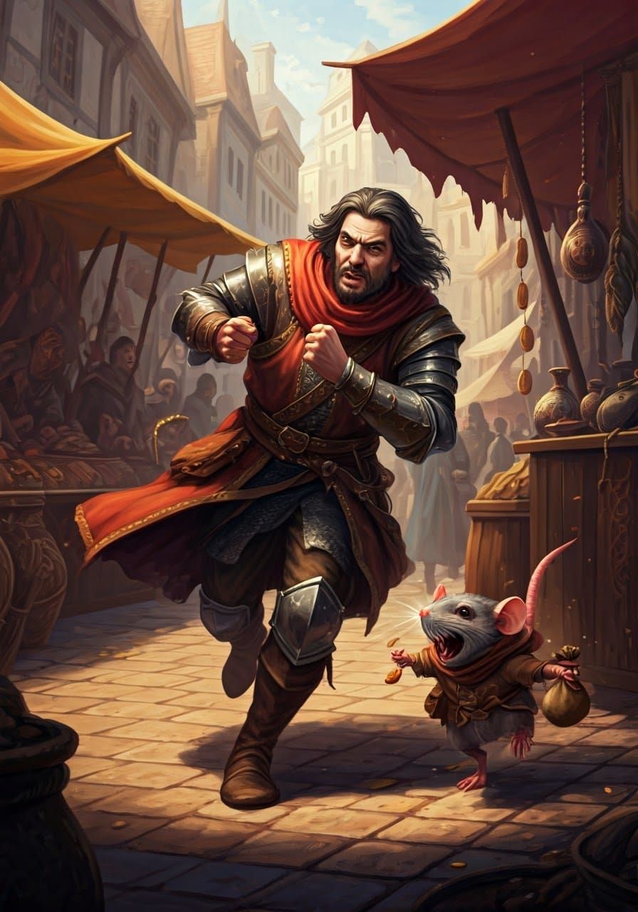 Merchant Chases Rat Thief in Fantasy Market