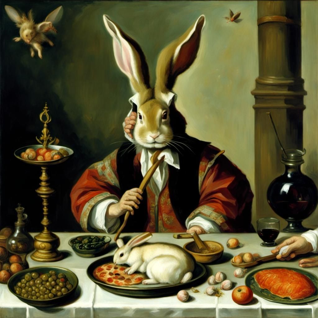 Rabbit as Saint Eating Caviar, Classical Painting