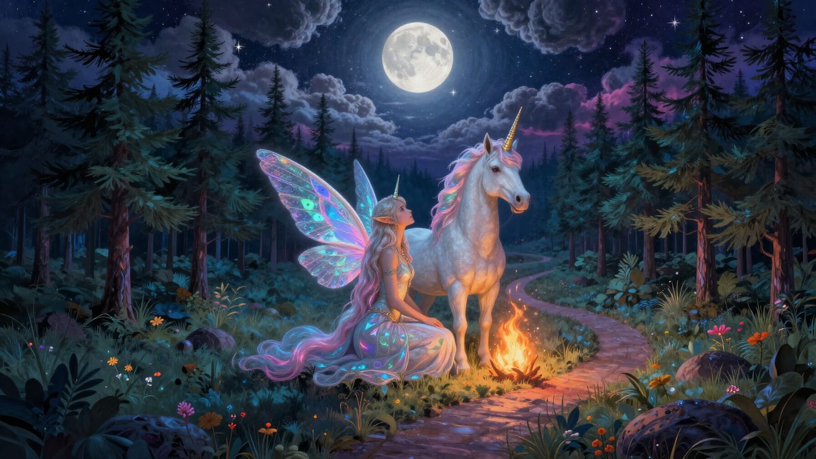 Ethereal Elf and Unicorn in Moonlit Forest