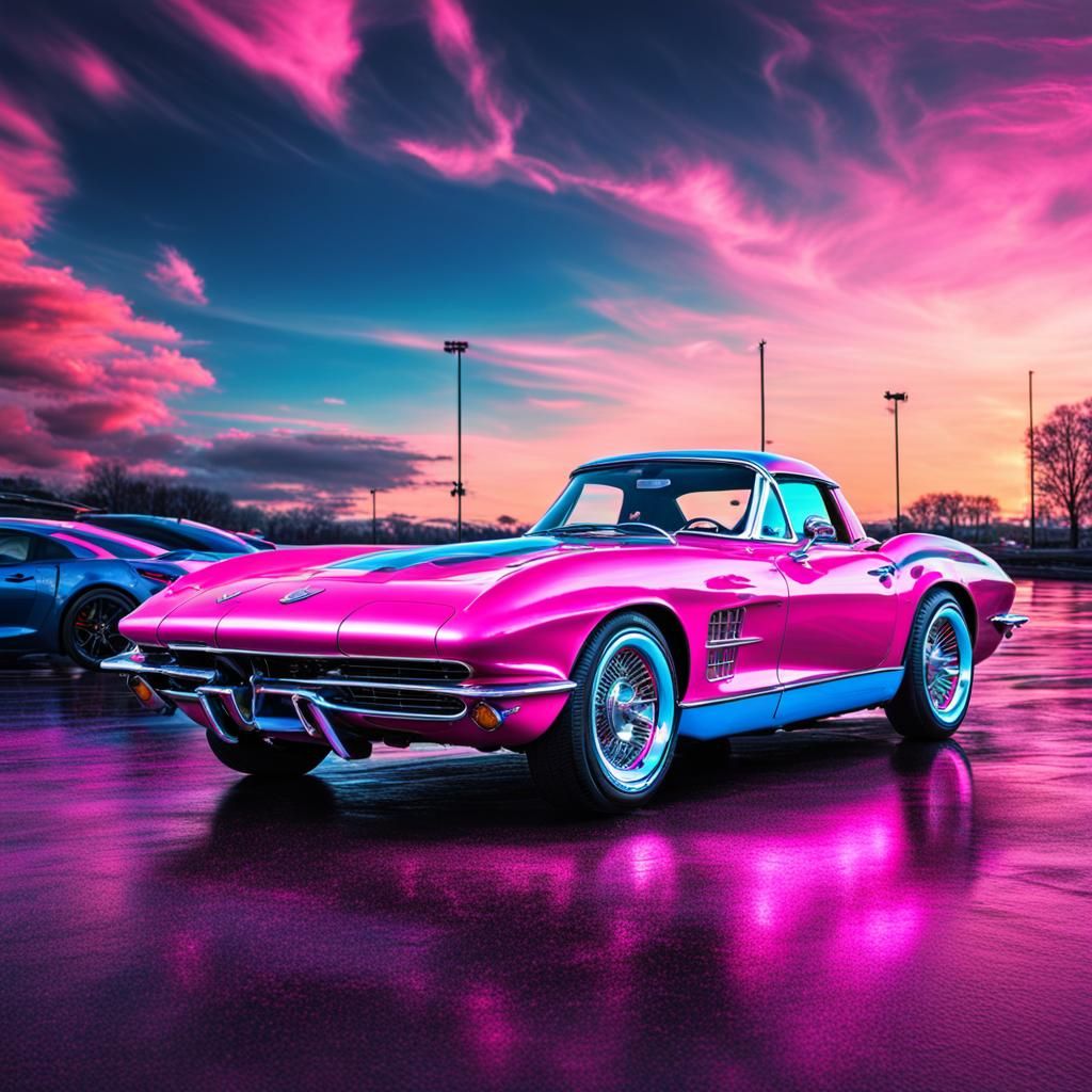Hyperrealistic Pink and Blue Corvette in HDR