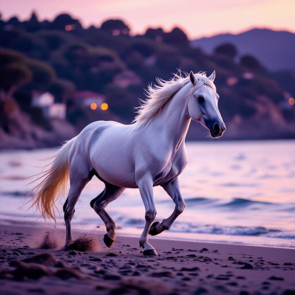 Majestic White Horse Gallops at Dawn by the Sea