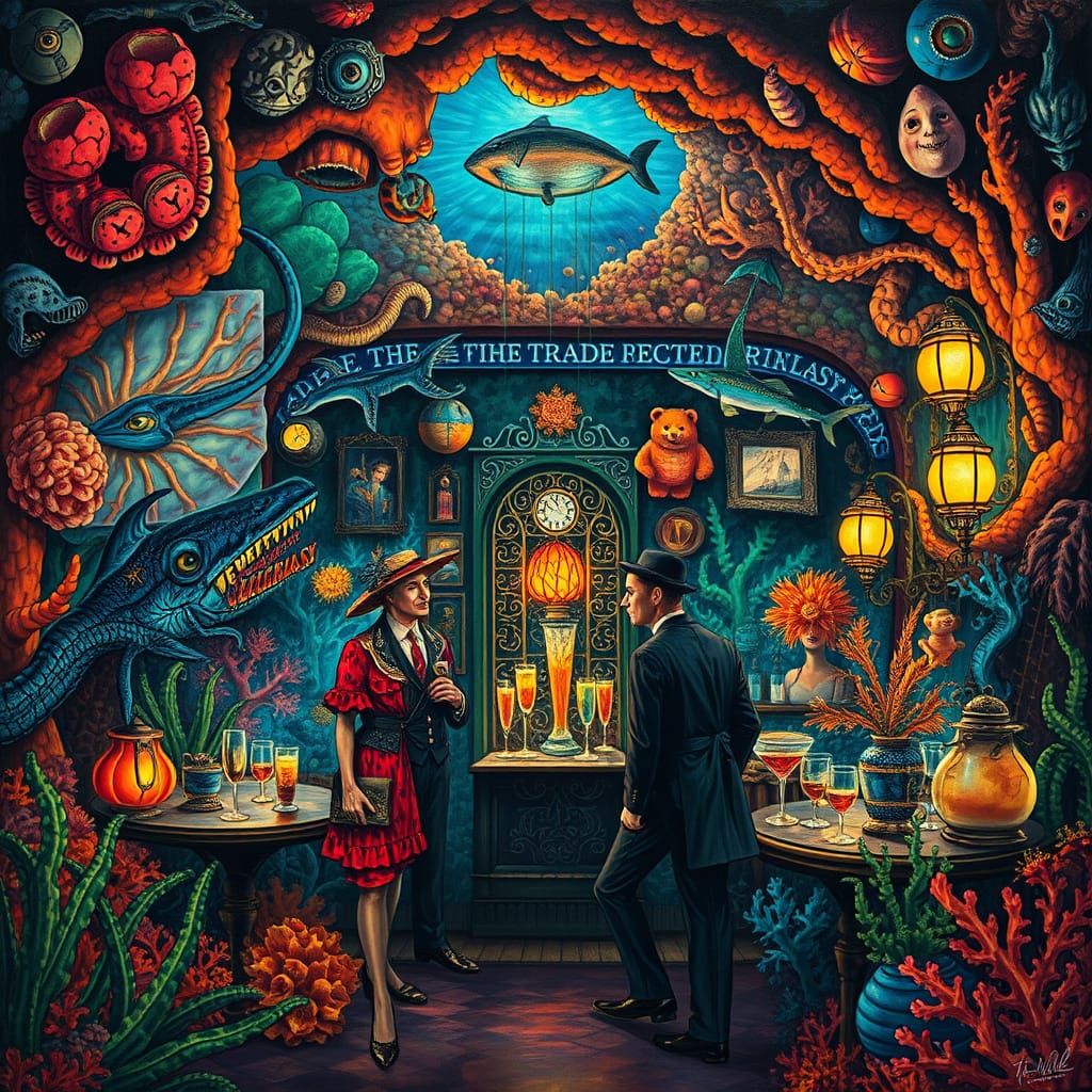 Underwater Speakeasy with Bioluminescent Coral, Surreal Art
