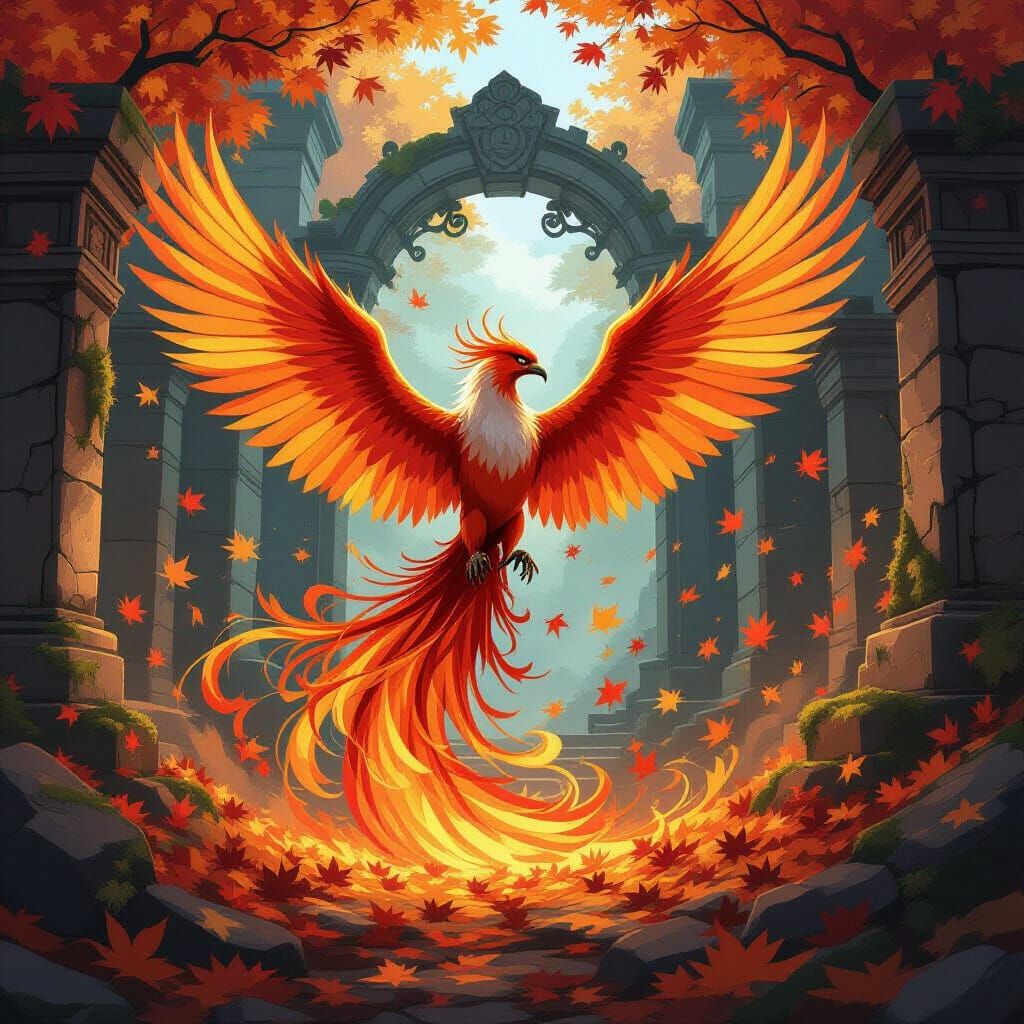 Majestic Phoenix Erupts From Autumn Vortex Anime Style