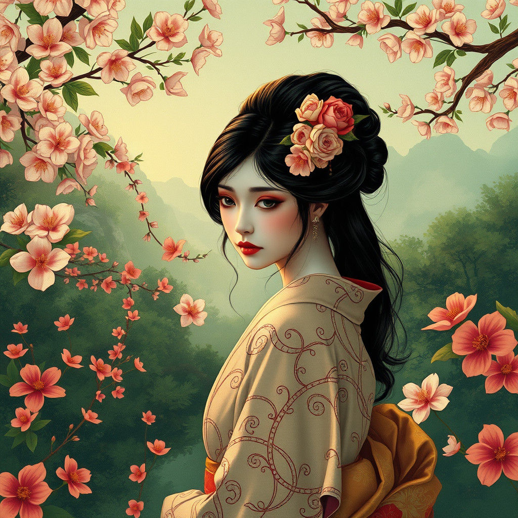 Elegant Geisha in Japanese Garden, Art Nouveau Style