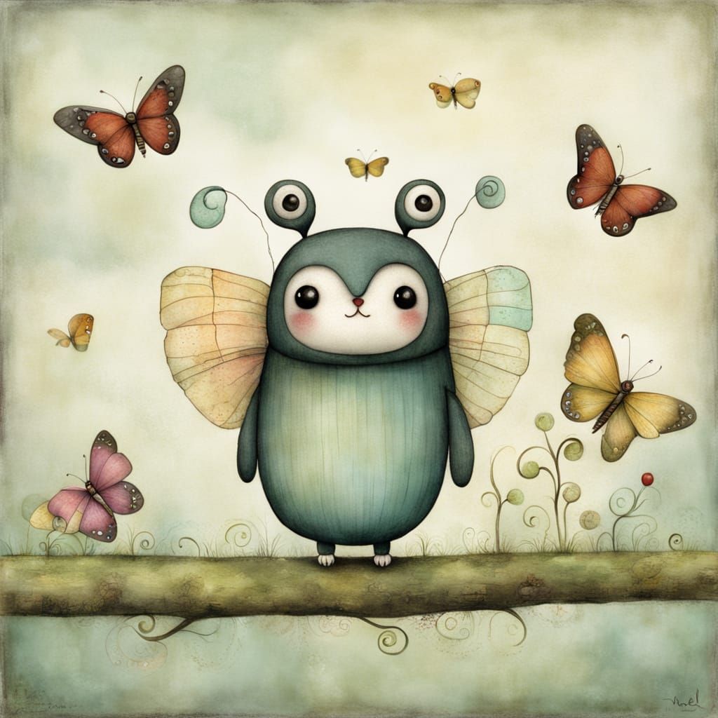 Adorable Confused Butterfly in Folk Art Style