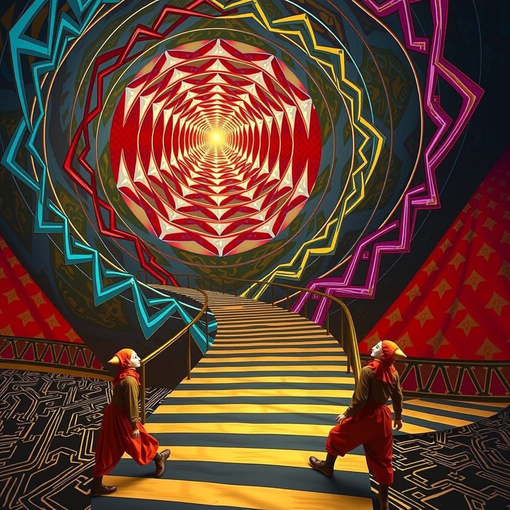 Harlequin Figure in Hypnotic Geometric Maze