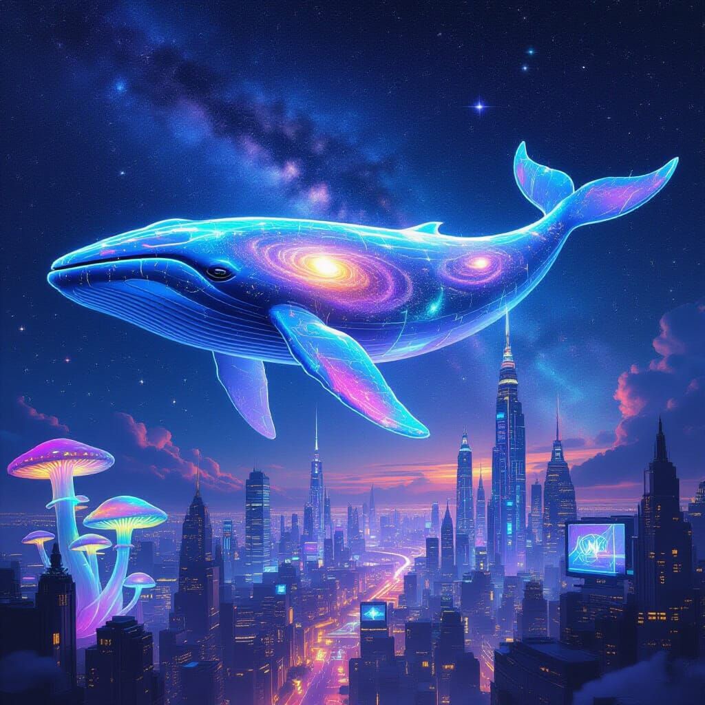 Crystal Whale Gliding Through Starry Cyberpunk Cityscape