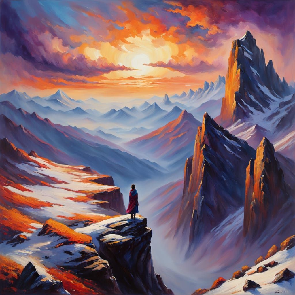 Ethereal Landscape with Majestic Peaks and Distant Figure in...