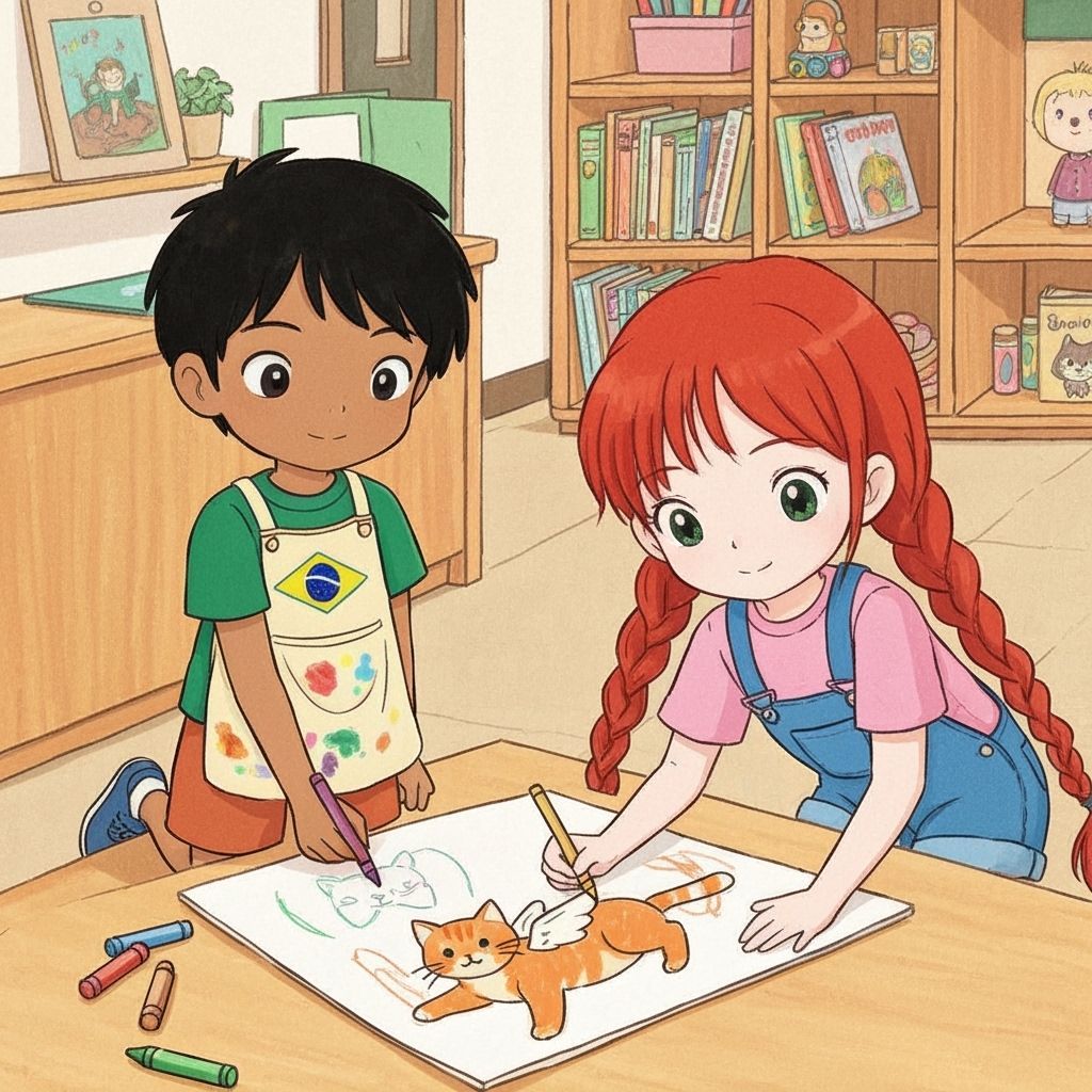 Children's Drawing of Kids Creating Art in Studio Ghibli Sty...