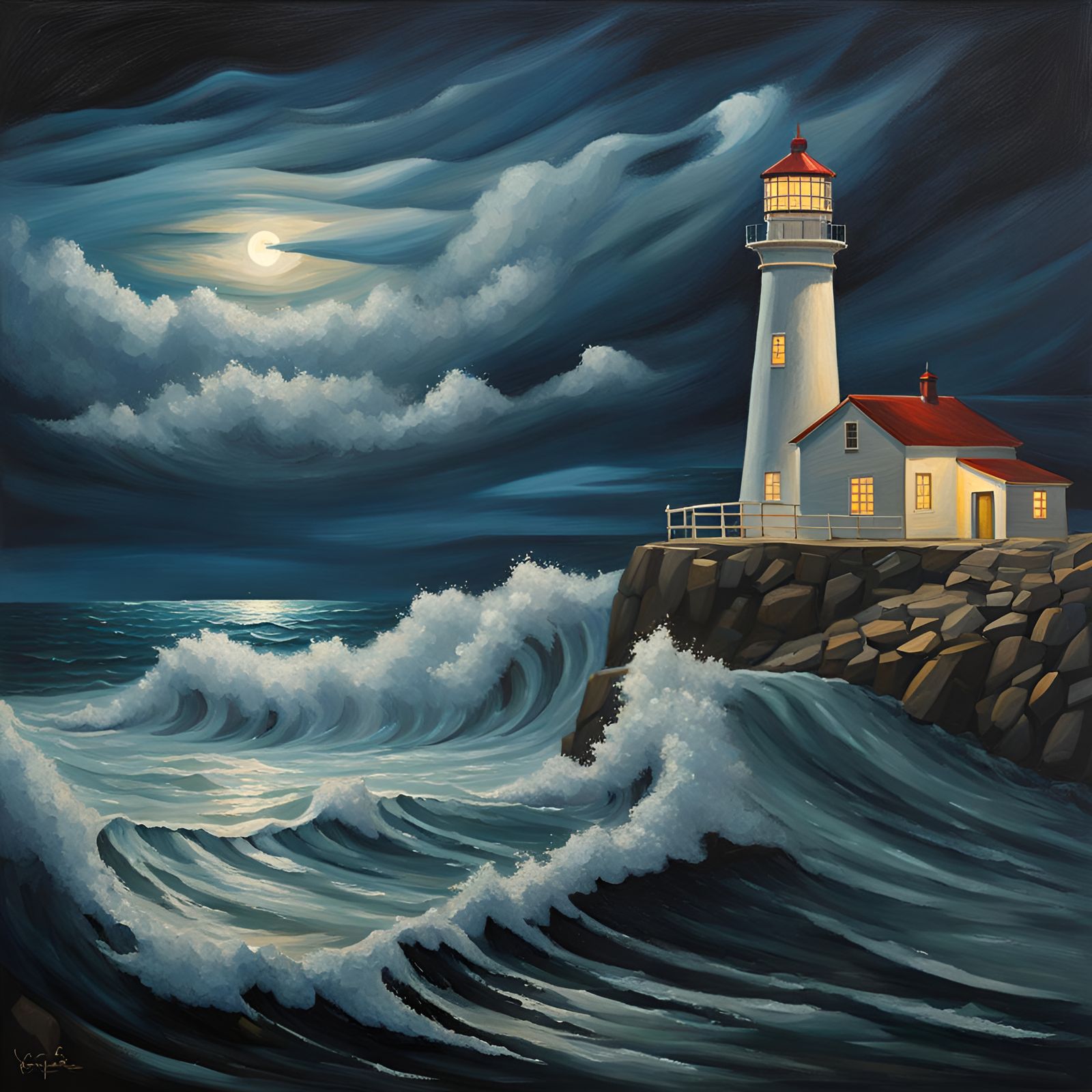 Ocean Lighthouse at Night as Oil Painting