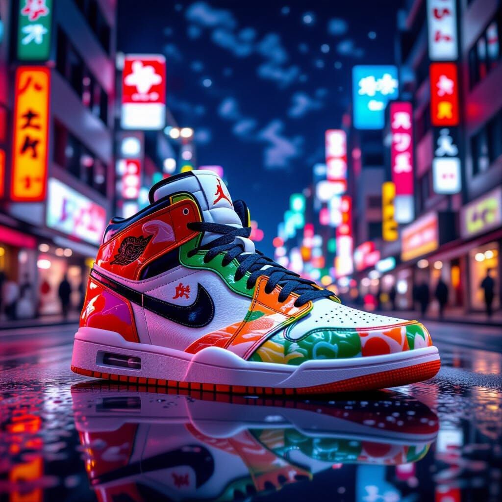 Sushi Jordan Shoe in Neon Japanese Cityscape