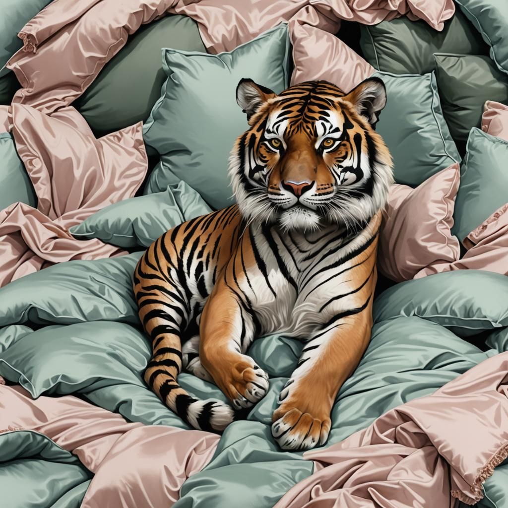 Tiger on Luxurious Bed: Hand-Painted Clip Art