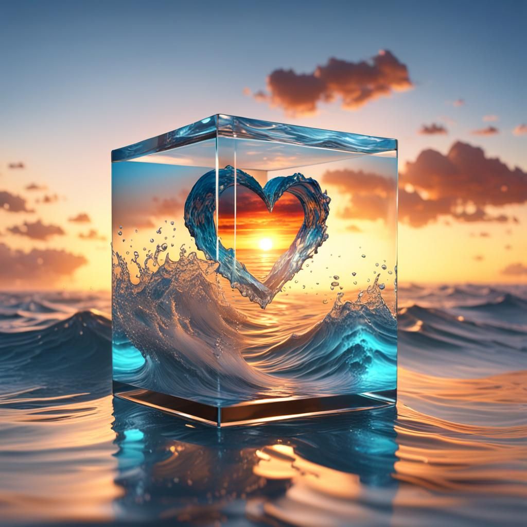 Heart Wave in Glass Cube, Fantasy Art
