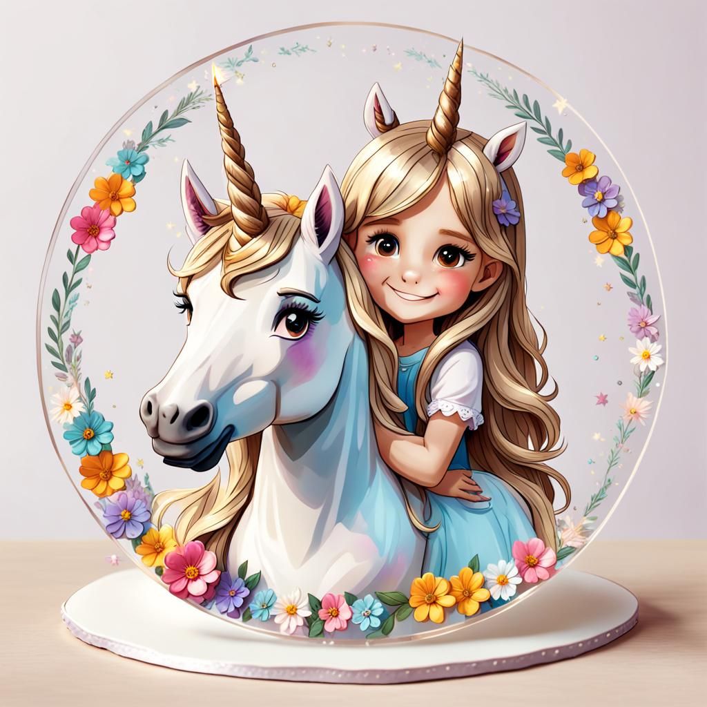 Girl Hugging Unicorn Illustration for Cake Topper