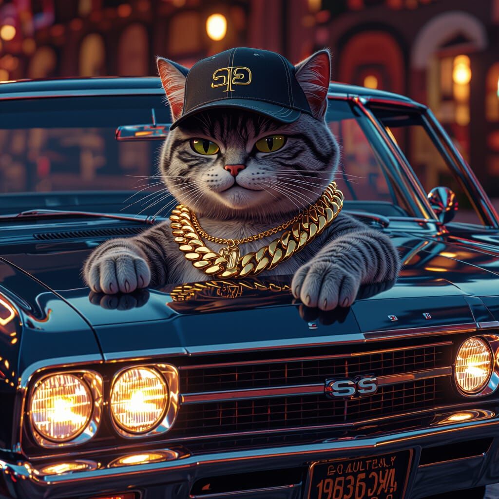 Hip-Hop Cat in SS Chevy Chevelle, Fantasy Concept Art