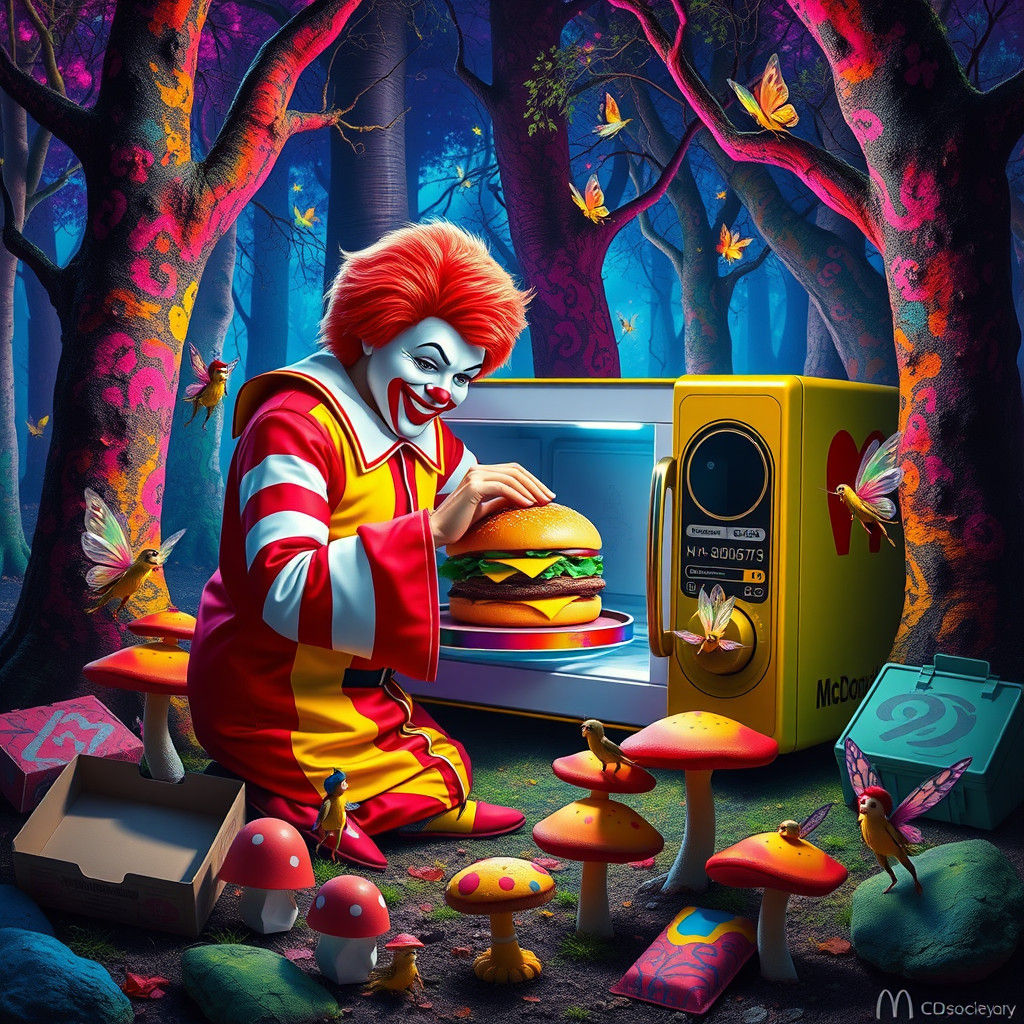 Ronald McDonald Reheats Burger in Psychedelic Forest