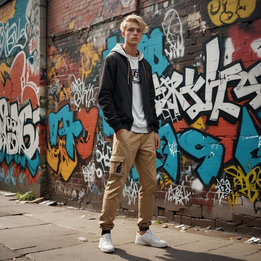 Teenager in Front of Graffiti Wall: Digital Art