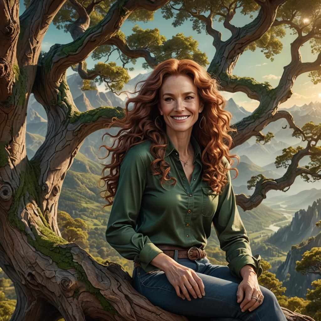 Woman with Mahogany Hair in Stalenhag-esque Landscape