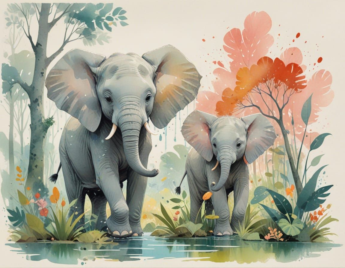 Baby Elephant Sprays Water: Watercolor and Gouache Fusion