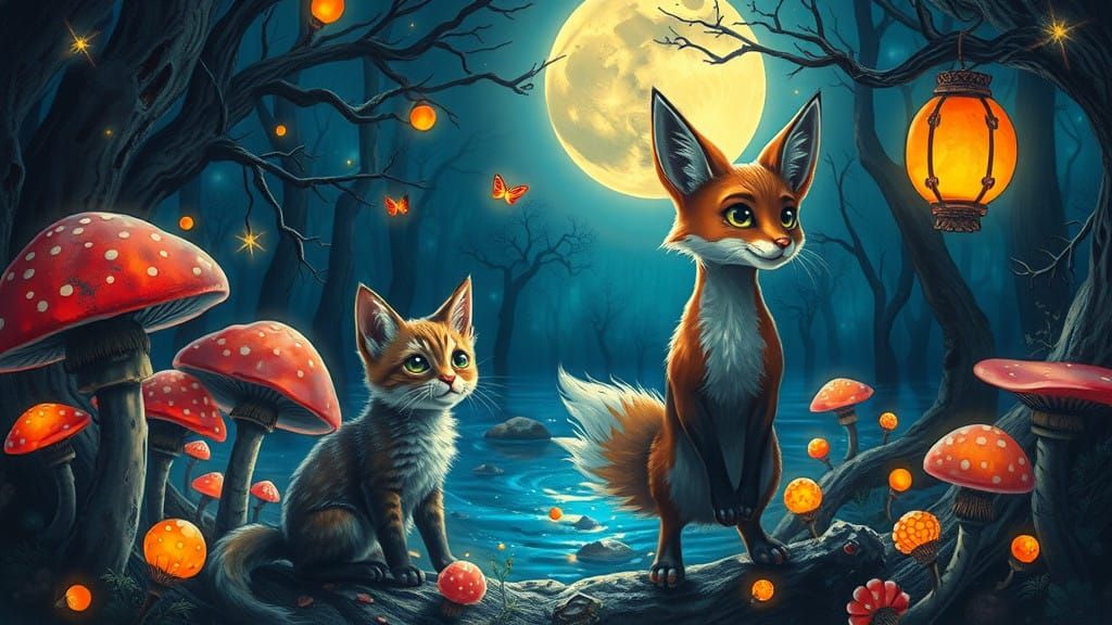 Whimsical Cat and Fox Odyssey in Enchanted Dreamscape