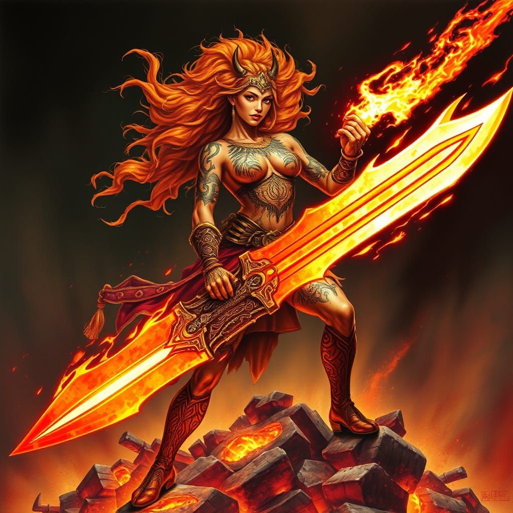 Fierce Tattooed Warrior Guarding Dragon's Hoard