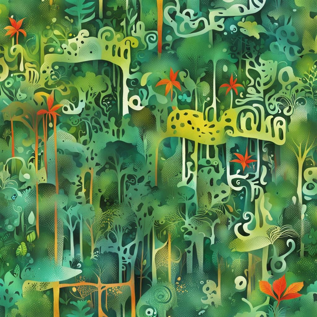 Whimsical Symbolic Rainforest with Asemic Elements