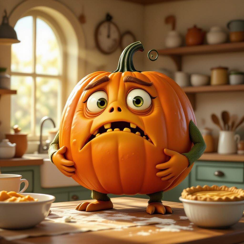 Confused Pumpkin Monster in Whimsical Kitchen