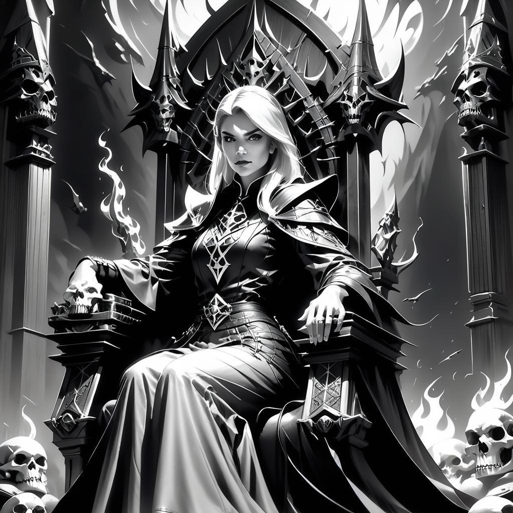 Witch Queen on Boneskull Throne: Fantasy Pencil Sketch
