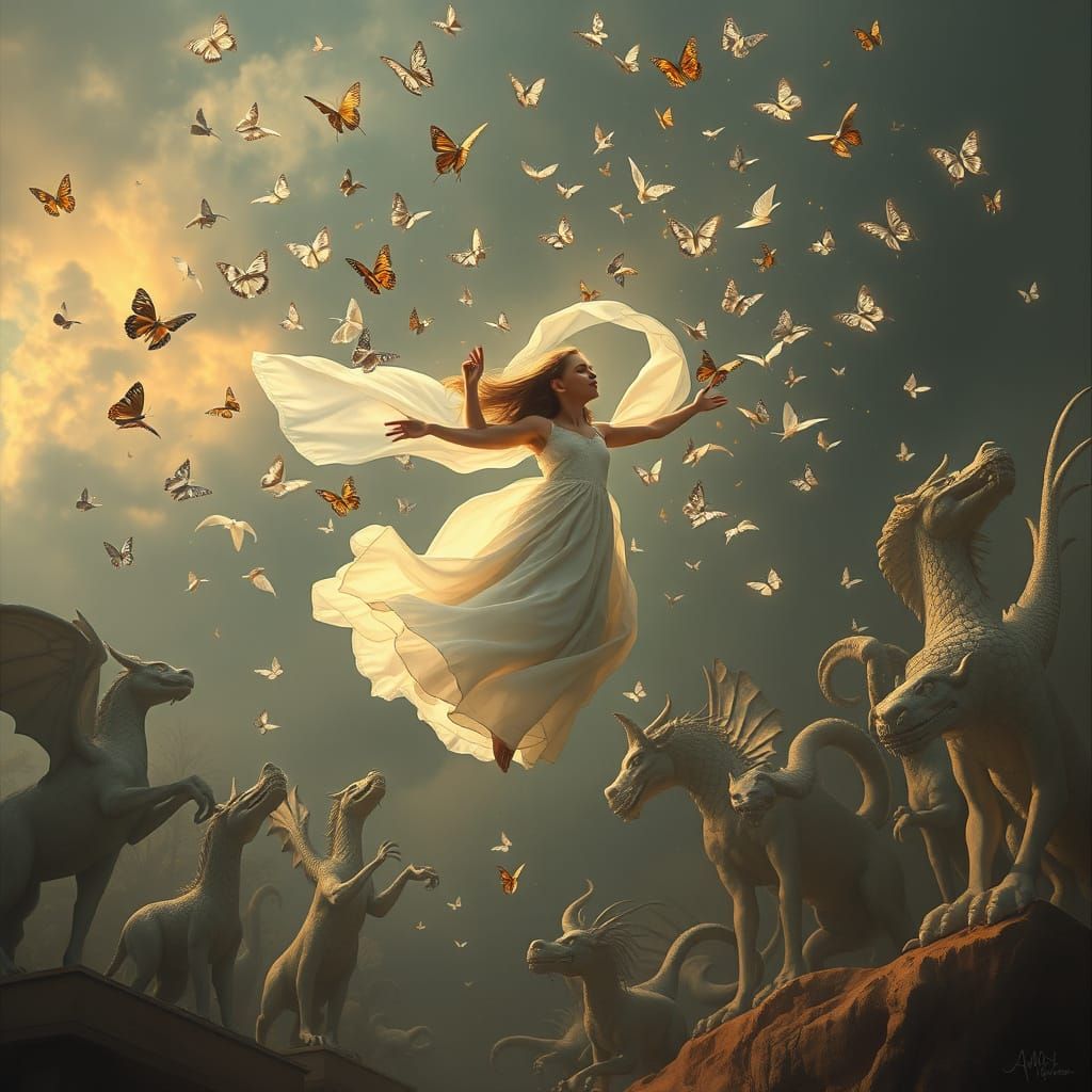 Girl Flies with Butterflies Among Mythical Sculptures