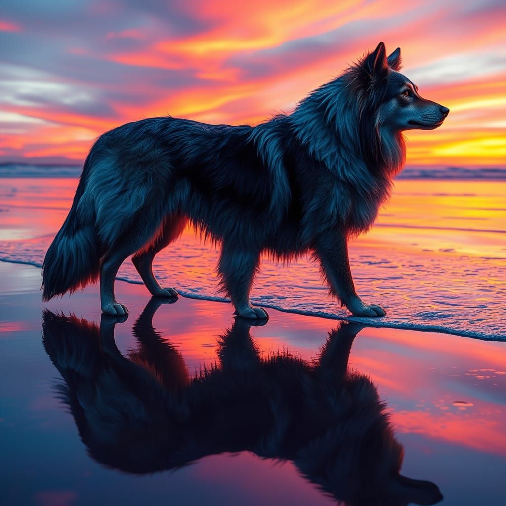 Majestic Dog Silhouetted on Sunset Beach