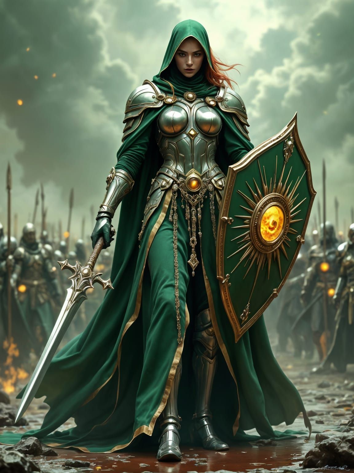 Armored Priestess on a Battlefield in Epic Style