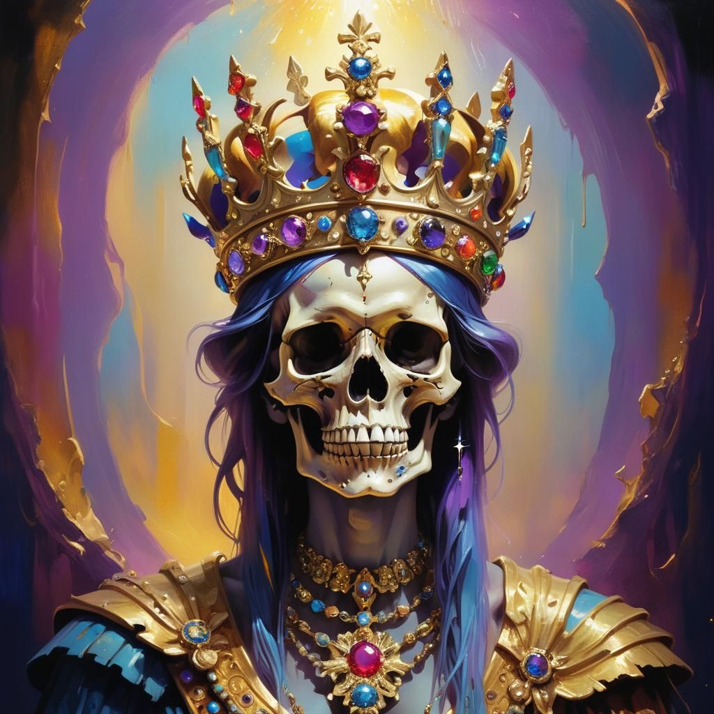 Regal Figure with Skull Crown in Oil Painting Style