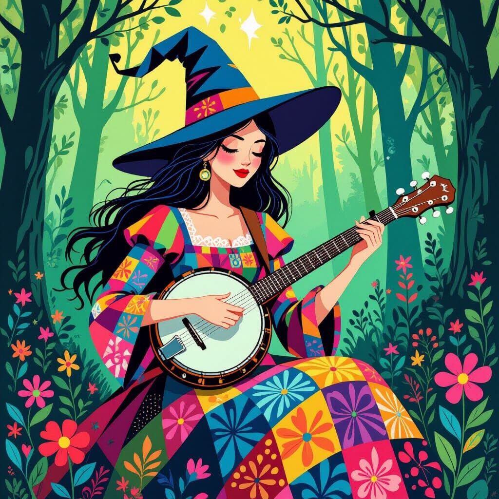 Whimsical Witch Plays Banjo in Lowbrow Art Style