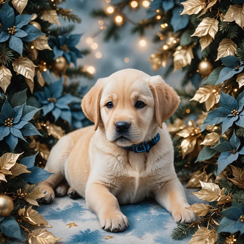 Whimsical Golden Lab Puppy with Blue Poinsettias