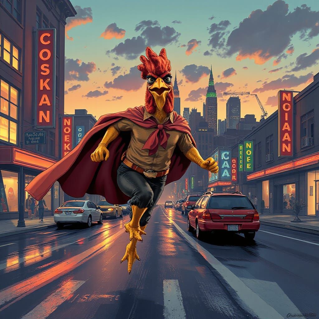 Chickenman Superhero Soars Through Vibrant Cityscape
