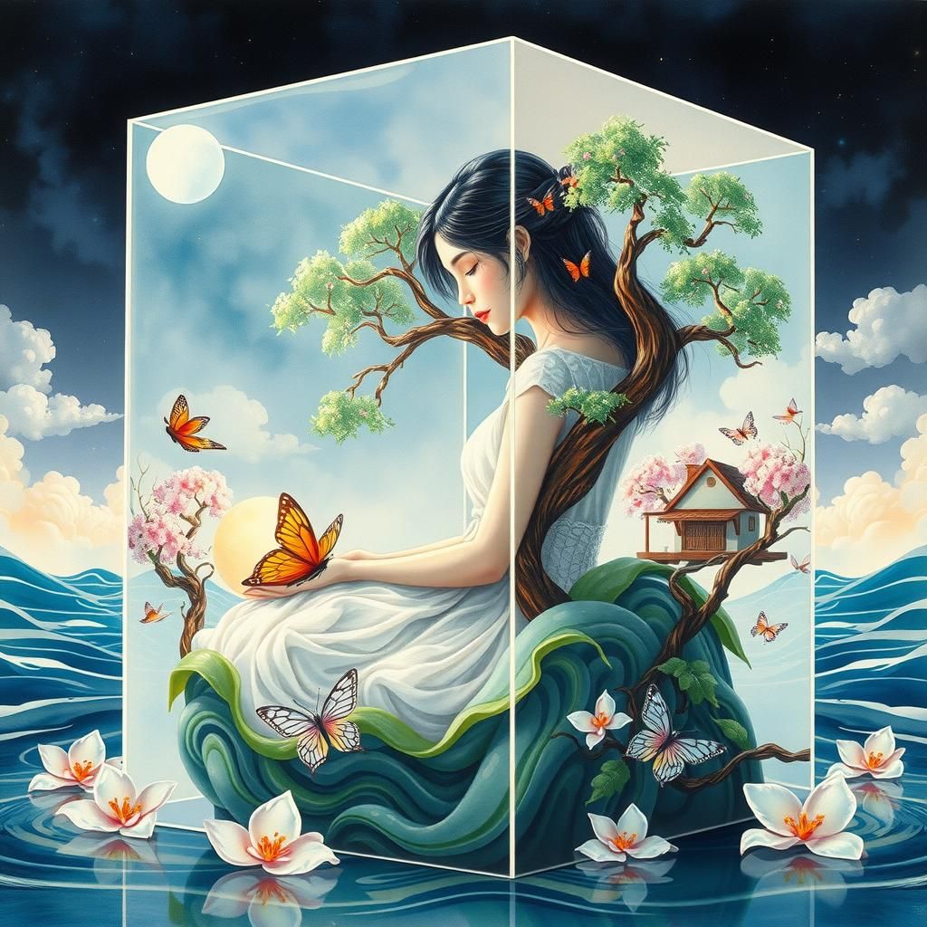 Opalescent Cube: Woman Embracing Tornado Sculpture