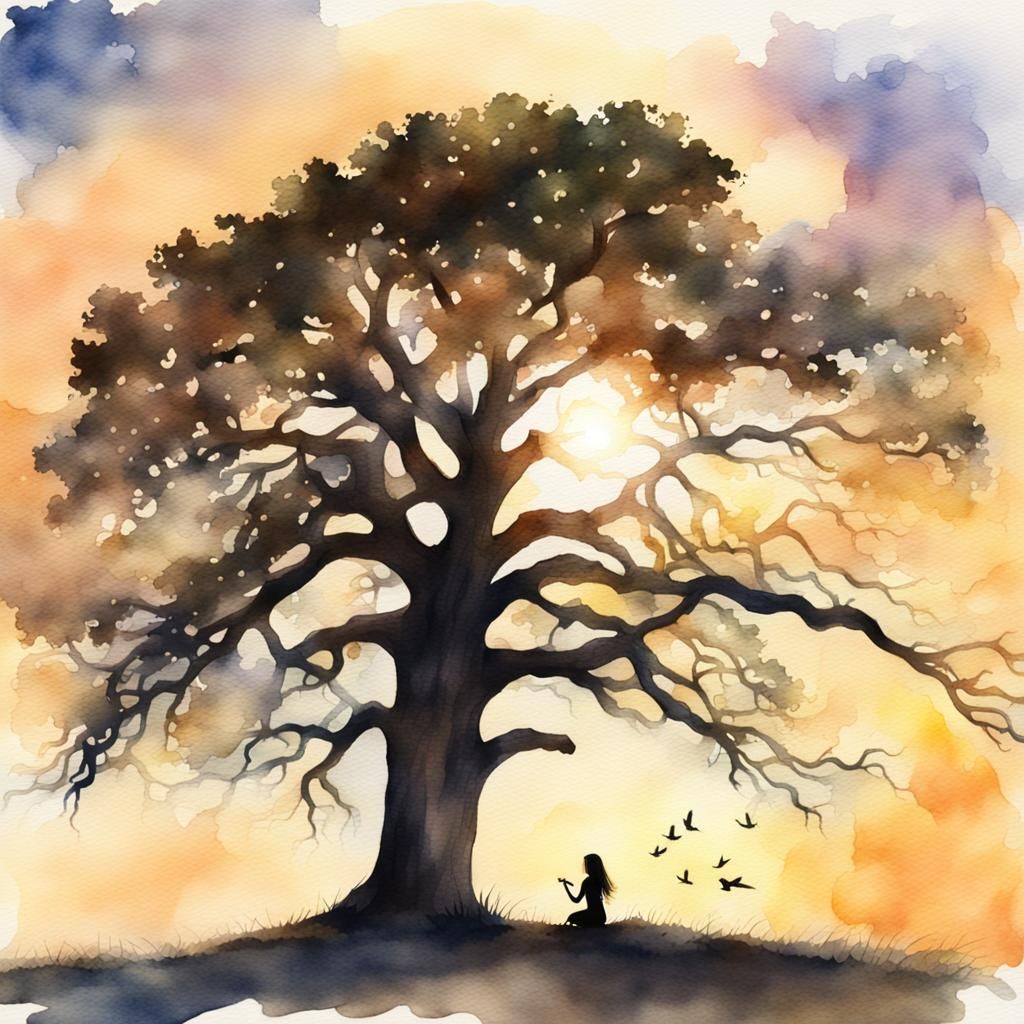 Sunlit Oak Tree Watercolor Landscape with Girl