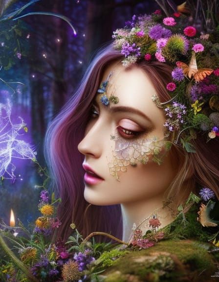 Enchanting Herbal Witch in Forest: Digital Aquarelle Paintin...