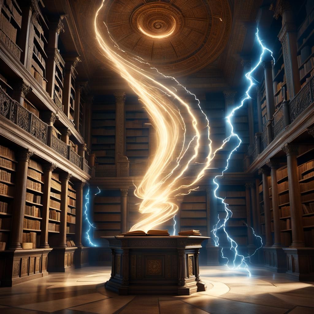Futuristic Library Portal Opens with Blue Lightning