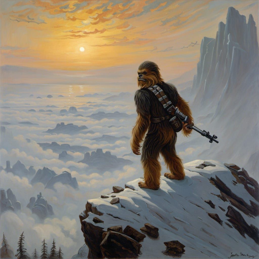 Chewbacca in Sea of Fog: Romantic Oil Painting