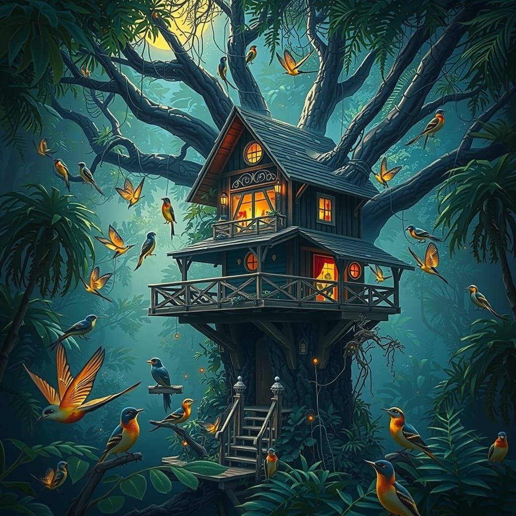 Bioluminescent Solarpunk Treehouse in a Rainforest