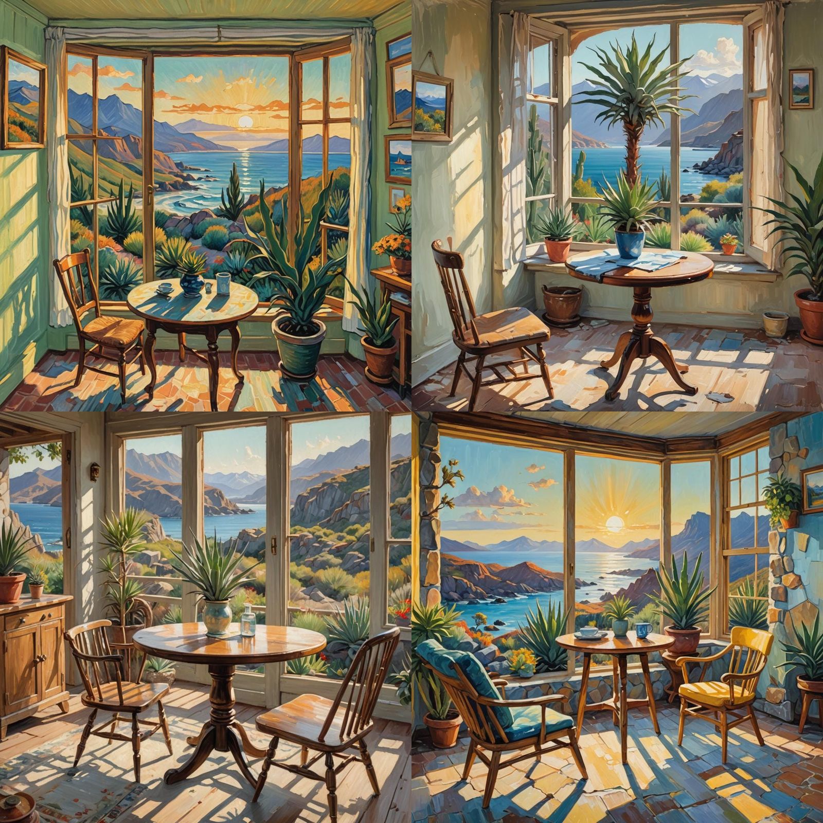 Rustic Interior with Coastal View, Oil Painting