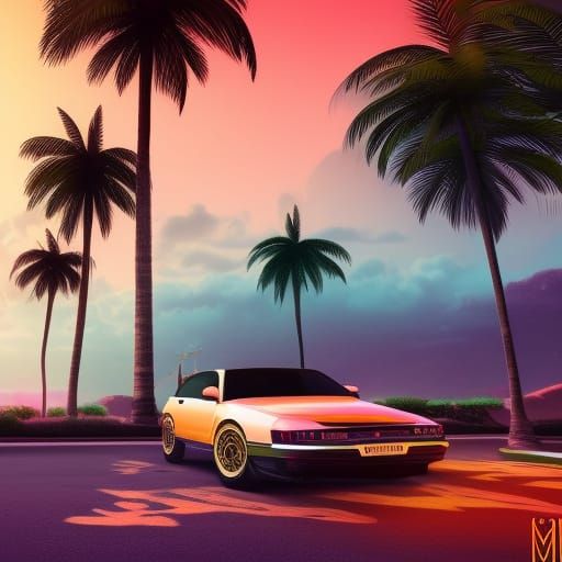 Retrowave Car Sunset: Detailed Matte Painting